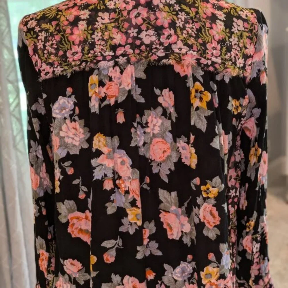 Free People Black Floral Mixed Media Button‎ Down Blouse Top